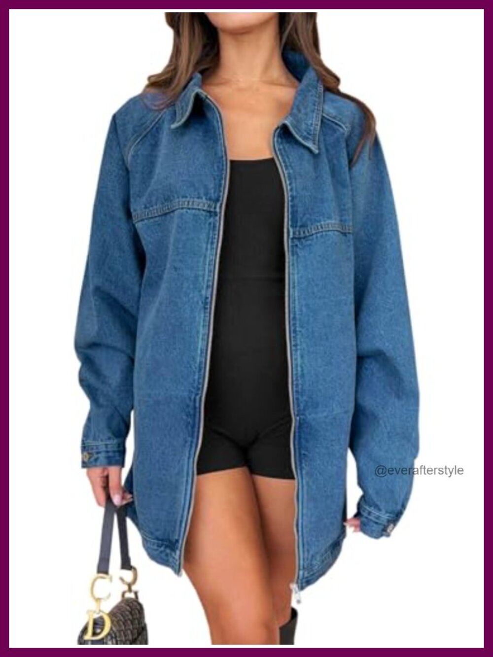 Oversized Denim Jacket Zip Up Cotton Polyester Relaxed Fit Jean Coat